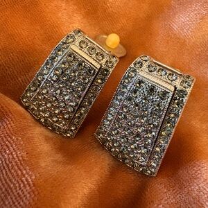 Sparkling Vintage Pavé Rhinestone Crystal Clip-On Earrings - Silver Tone Evening
